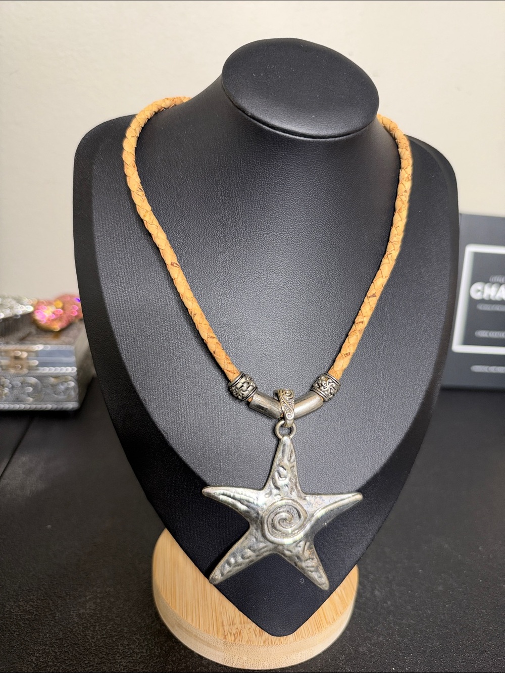 Braided Tan Cord Necklace Silver Starfish Pendant Boho Festival